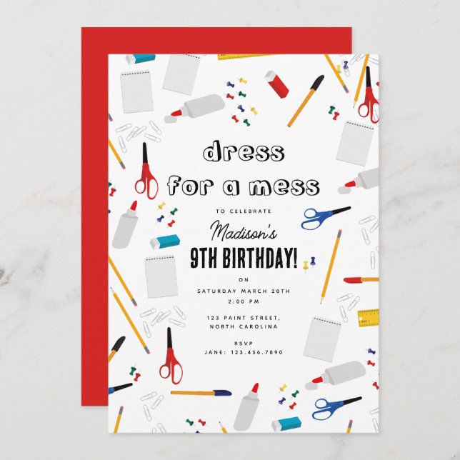 School Office Supplies Arts Crafts Birthday Party Invitation (Front/Back)