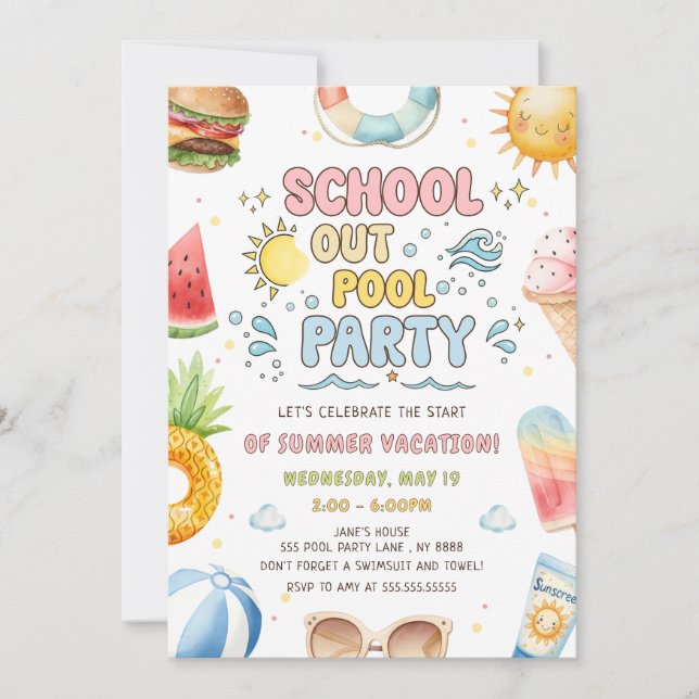 School Out Pool Party Start Of Summer Vacation Invitation (Front)