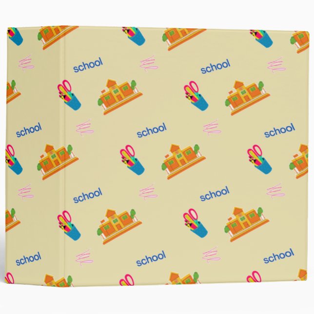 School pattern print on brown 3 ring binder (Front/Spine)