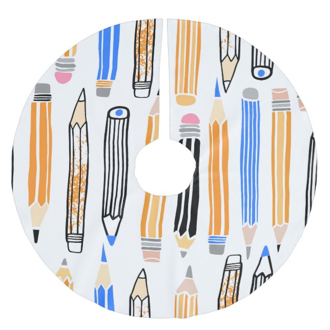 School Pencil Hand Drawn Illustration Brushed Polyester Tree Skirt (Front)