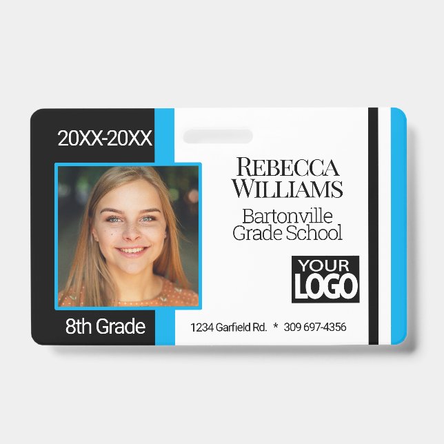 School Photo Badge - Baby Blue, Black White (Front)