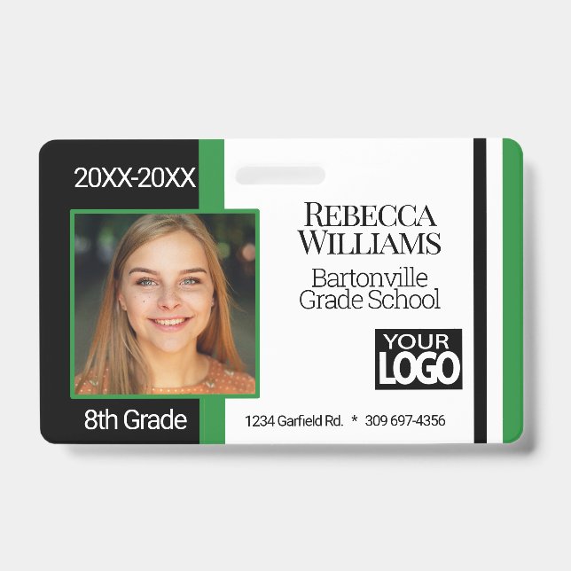 School Photo Badge - Green, Black White (Front)