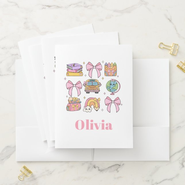 School Pink Bows School Supplies Personalized Name Pocket Folder (In Situ)