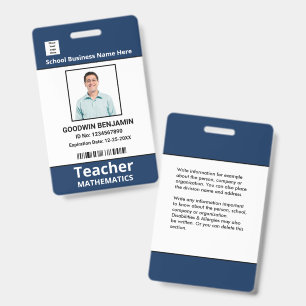 School Professional Employee Photo Bar Code Name Badge