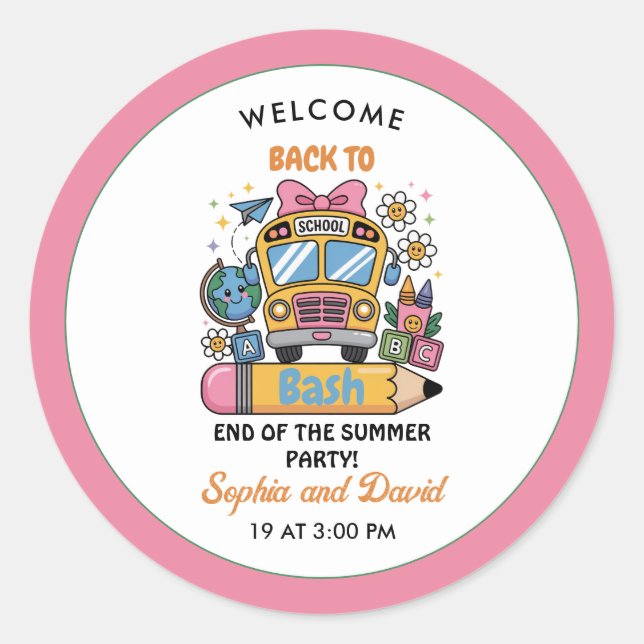 School’s Back Bash! Editable End of Summer Party  Classic Round Sticker (Front)