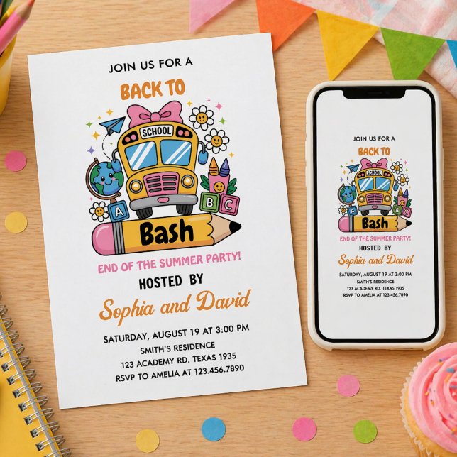 School’s Back Bash! of Summer 1st birthday Invitation (School’s Back Bash! of Summer 1st birthday Invitation)