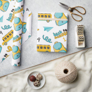 School Seamless Wrapping Paper: Numbers, Bag, Bus Wrapping Paper