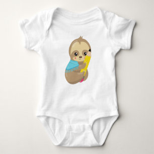 School Sloth, Cute Sloth, Baby Sloth, Pen, Pencil Baby Bodysuit