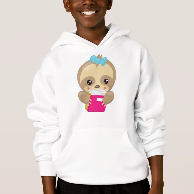 School Sloth, Cute Sloth, Baby Sloth, School Books Hoodie (Front)