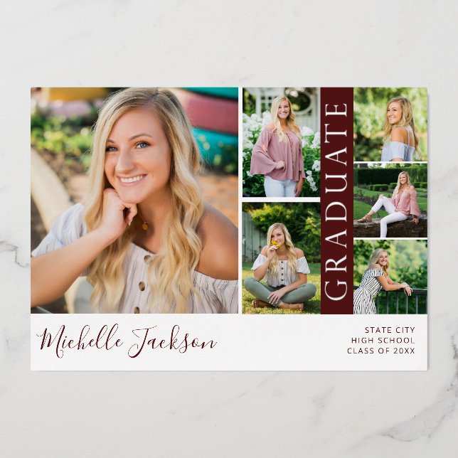 School Spirit 6 Photo Graduation Maroon Announce  Foil Invitation (Front)