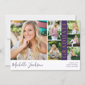 School Spirit 6 Photo Graduation Purple Announce Invitation