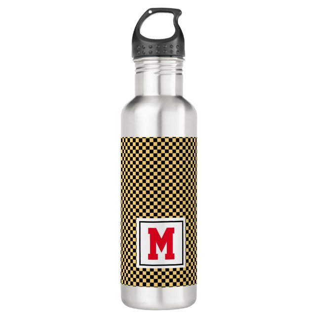 School Spirit Black Gold Red Monogram Initial Stainless Steel Water Bottle (Front)