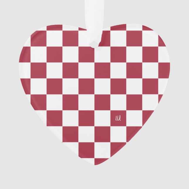 School Spirit Checkerboard INITIALS Red White Team Ornament (Front)