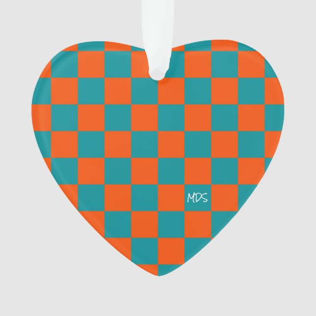 School Sports Checkerboard INITIALS Orange Blue Ornament (Front)