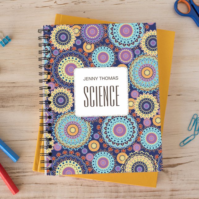 School Subject Colorful Personalized Navy Blue Notebook (Navy blue background with colorful bold mandala pattern )