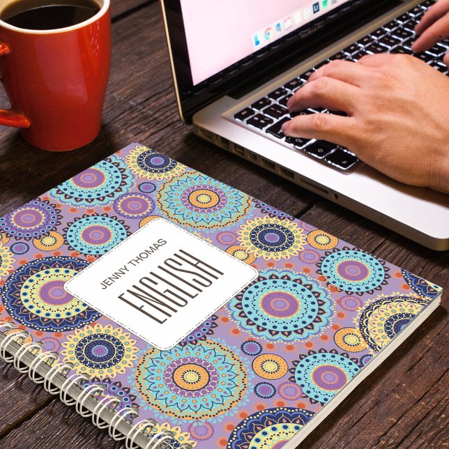 School Subject Purple Personalized Modern Notebook (School subject spiral notebook with modern colorful pattern)