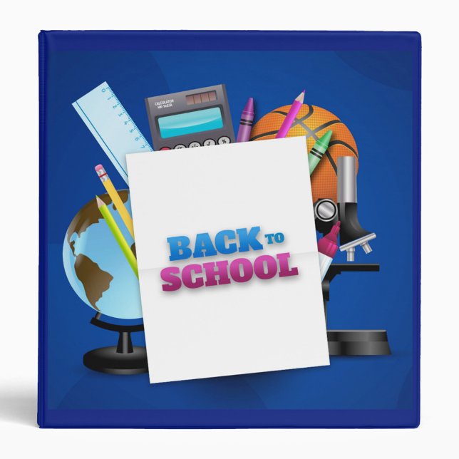 School Supplies 3 Ring Binder (A square-shaped image with a blue border features a vibrant and educational-themed design.)