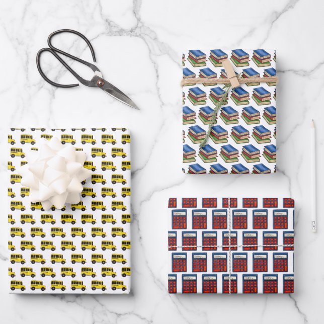 School Supplies Bus Books Calculator Class Teacher Wrapping Paper Sheets (Front)