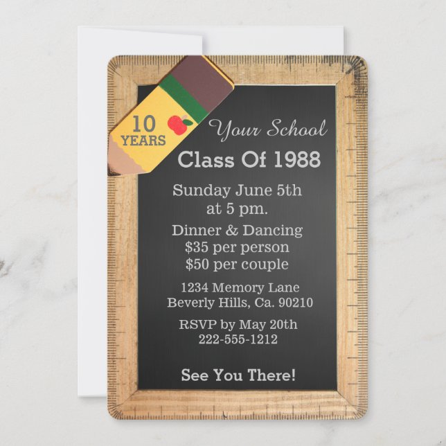 School Supplies Chalkboard Class Reunion Invitation (Front)