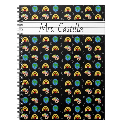 School Supplies Pattern Custom Name Black  Notebook