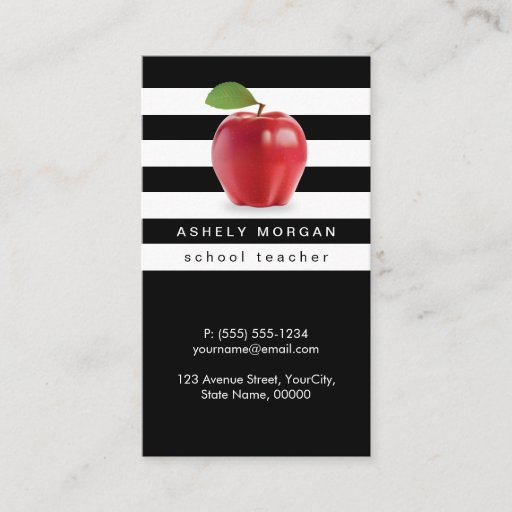 Customizable School Teacher Apple Elegant Black White Stripes Business Card