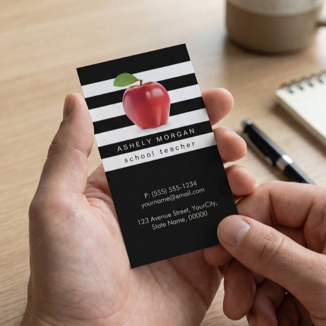 School Teacher Apple Elegant Black White Stripes Business Card (Creator Uploaded)