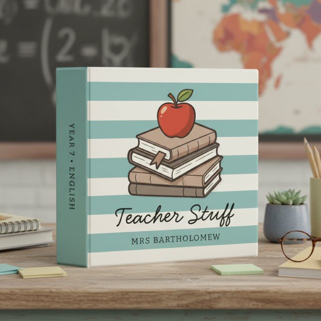 School Teacher Bookstack and Apple Personalized  3 Ring Binder (Creator Uploaded)