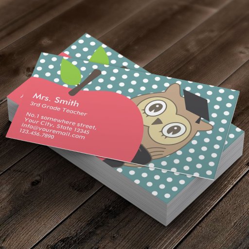 Customizable Cute Apple &amp; Owl School Teacher Business Card