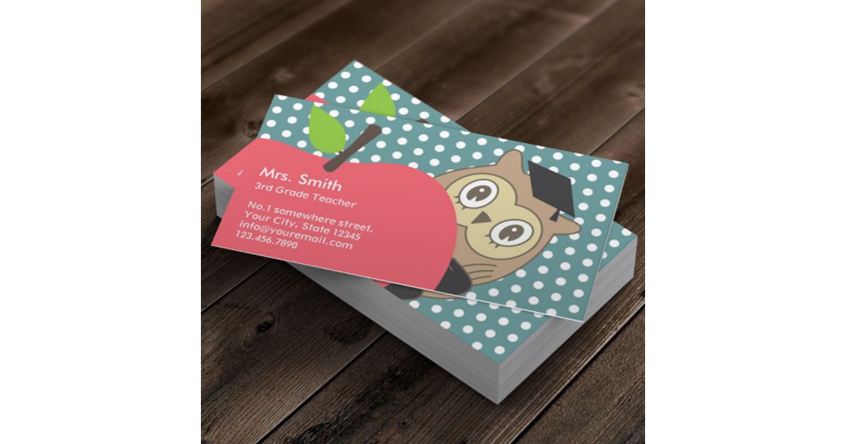 School Teacher Cute Apple & Owl Business Card | Zazzle