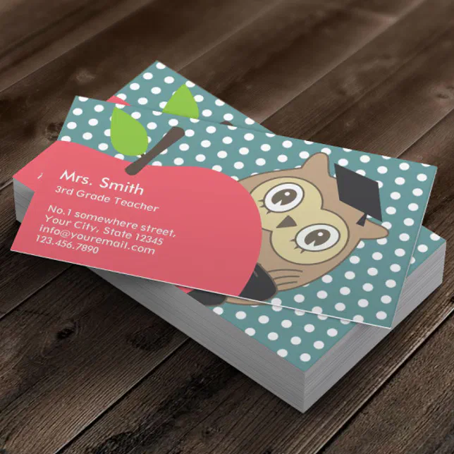 School Teacher Cute Apple & Owl Business Card | Zazzle