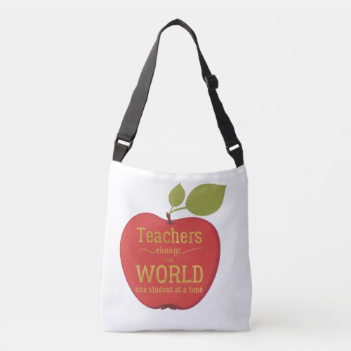 School teacher gold script quote on red apple crossbody bag