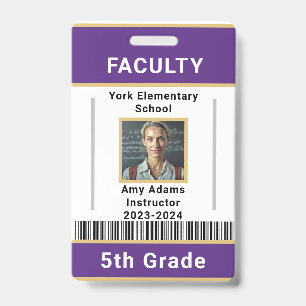 School Teacher ID Badge Template W/ Barcode Purple