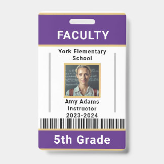 School Teacher ID Badge Template W/ Barcode Purple