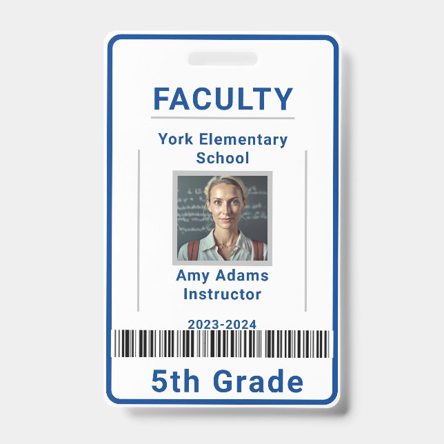 School Teacher ID Badge Template With Barcode Blue (Front)