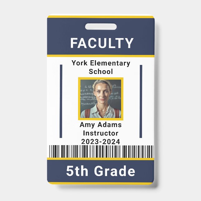 School Teacher ID Badge Template With Barcode Blue (Front)