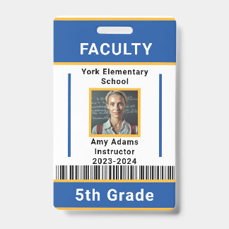 School Teacher ID Badge Template With Barcode Blue