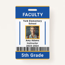 School Teacher ID Badge Template With Barcode Blue