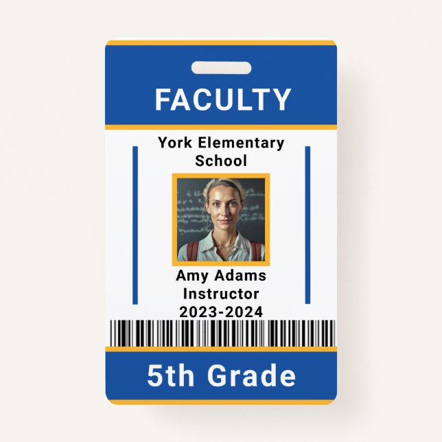 School Teacher ID Badge Template With Barcode Blue (Front)