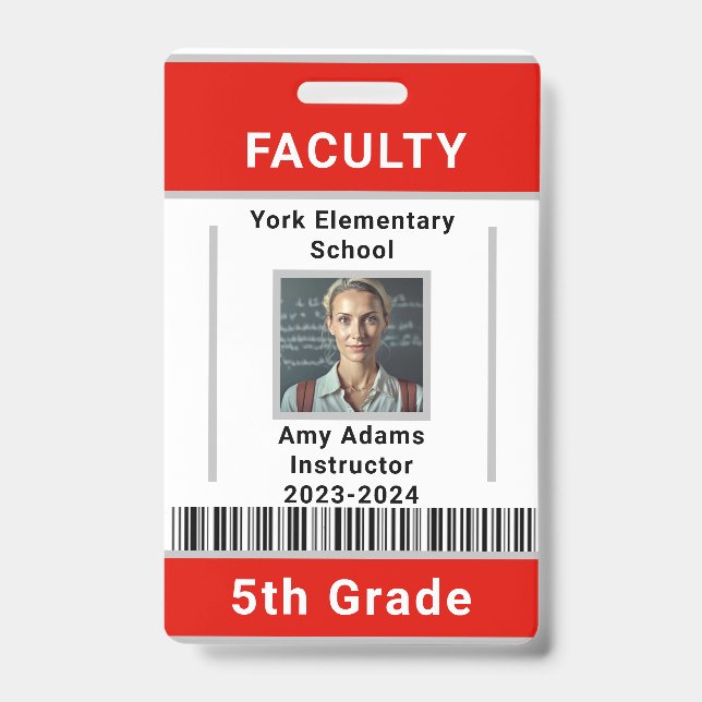 School Teacher ID Badge Template With Barcode Red (Front)