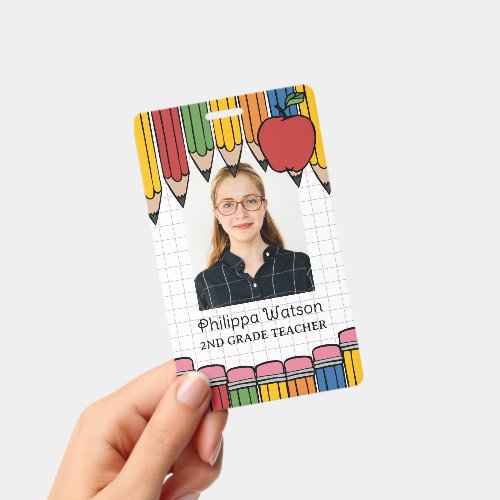 School Teacher ID Photo Pencils Red Apple Badge