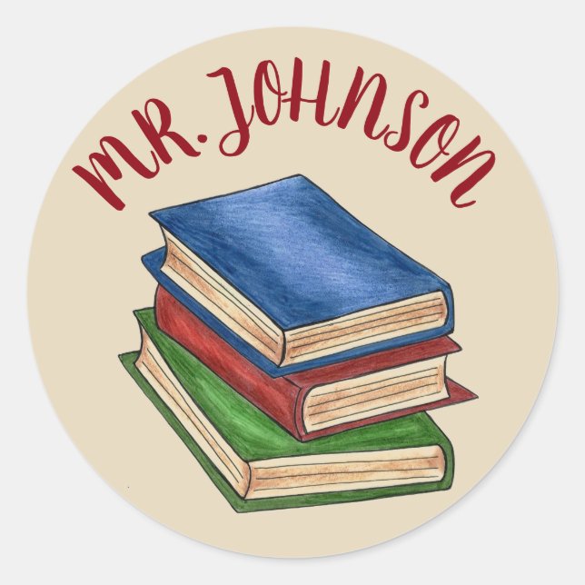 School Teacher Library Book Stack Personalized Classic Round Sticker (Front)