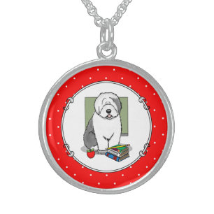 School Teacher Old English Sheepdog (Gray 1) Cute Sterling Silver Necklace