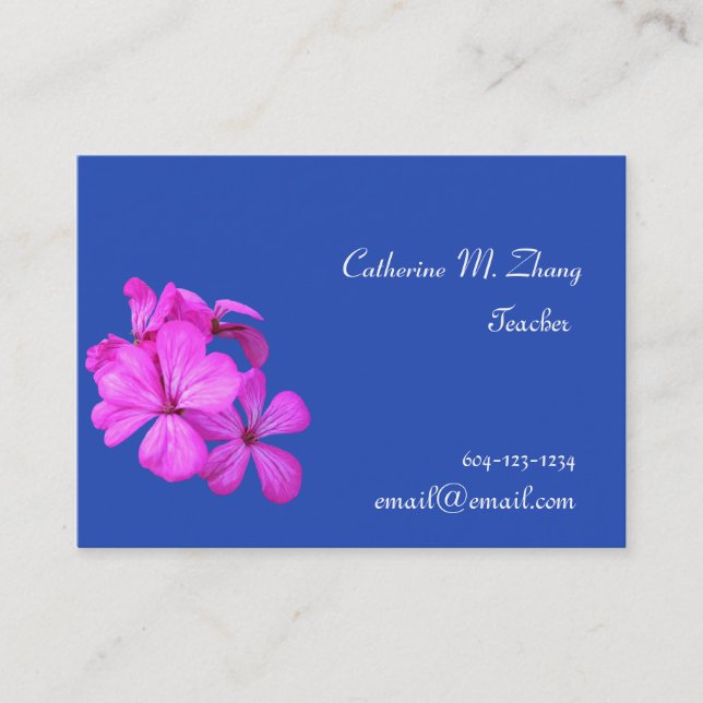 school teacher, pink flowers business card (Front)
