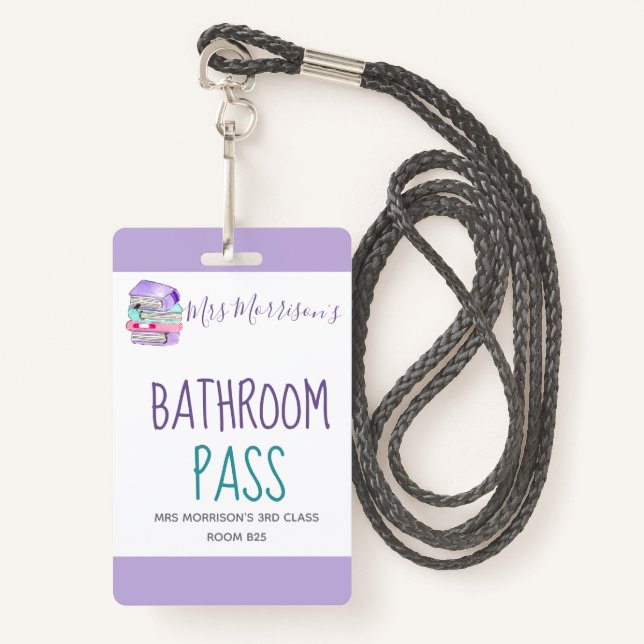 School teacher purple bathroom pass badge (Front with Lanyard)