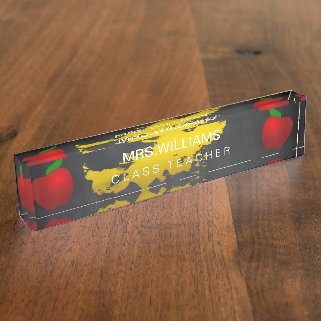 School Teacher Red Apple Black Chalkboard Desk Name Plate (Side)