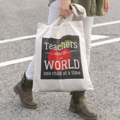 School teacher red apple blackboard script quote tote bag