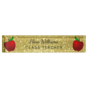 School Teacher Red Apple Gold Classic Confetti Desk Name Plate