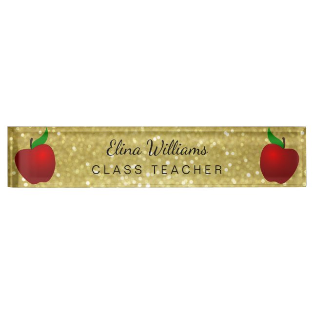 School Teacher Red Apple Gold Classic Confetti Desk Name Plate (Front)