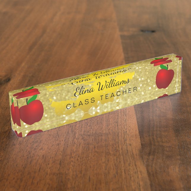 School Teacher Red Apple Gold Classic Confetti Name Plate (Side)