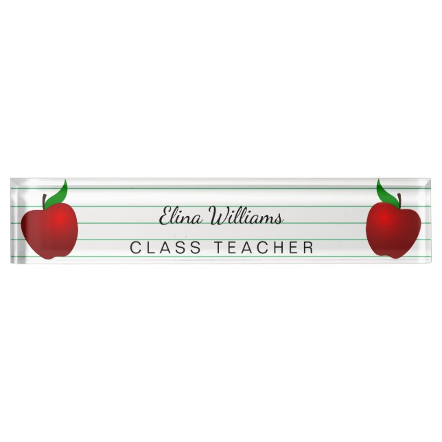 School Teacher Red Apple Ruled Lined Desk Name Plate (Front)